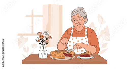 Senior Woman Preparing A Delicious Pie At Home, Cozy Kitchen Artwork Illustration
