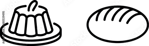 Simple black and white outline icons of jelly dessert and loaf of bread food items silhouette