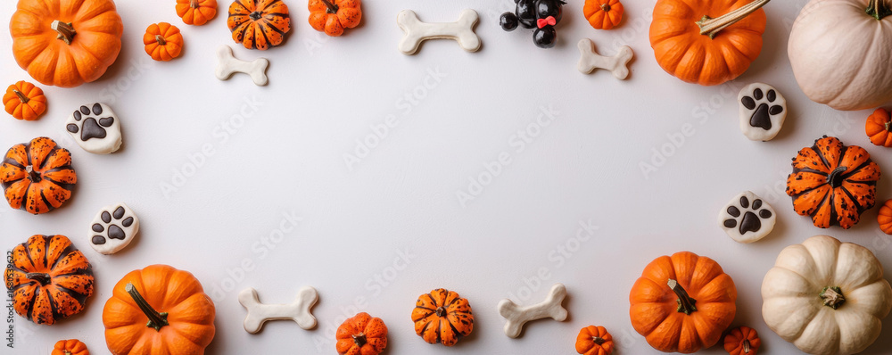 Fototapeta premium Halloween pumpkin bone treat candy paw print autumn pet cute white background border flatlay festive cozy playful minimal style