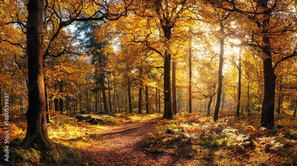 Fototapeta premium Panoramic Autumn Forest with Golden Leaves and Sunlight Filtering Through Trees, Peaceful Nature Backdrop