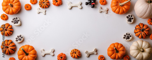 Halloween pumpkin bone treat candy paw print autumn pet cute white background border flatlay festive cozy playful minimal style