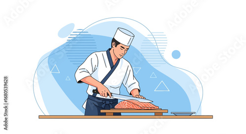 Skilled Japanese Chef Precisely Slicing Fresh Salmon for Culinary Masterpiece Creation