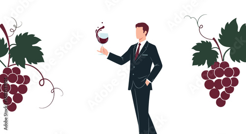 Sophisticated Wine Tasting: An Elegant Illustration Of A Businessman And Grapevines Design