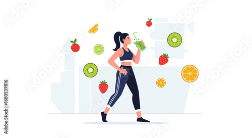 Sporty Woman Relaxes With A Nutritious Drink Amidst Levitating Fruit Illustrations