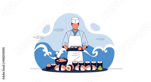 Sushi Chef Displaying Japanese Cuisine with Fresh Ingredients in Animated Illustration