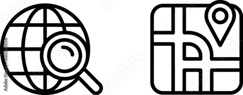 Global search and location pin on map icons for digital navigation and information discovery silhouette