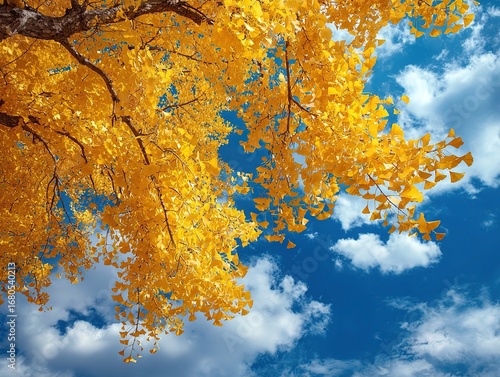 Golden Ginkgo Trees with Blue Sky and White Clouds, Autumn Sunshine and Yellow Leaves Nature Scene