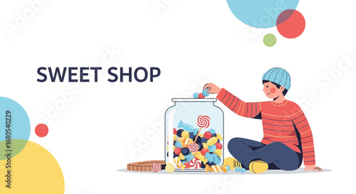 Sweet Shop Scene Depicting a Person, Candy Jar, and Colorful Abstract Background
