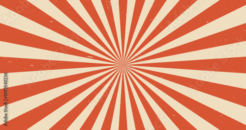 Circus retro sunlight rays background. Carnival vintage sunbeam burst layout. Vector grunge scratched backdrop with colorful muted red and beige radiating stripes creating hypnotic sunshine effect