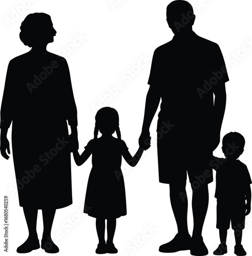 Silhouette of Family Holding Hands, Parents with Daughter and Son, Loving Family, Parenthood, Family Bond, Togetherness, Parenthood Care