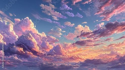 Pink and Purple Sky with Clouds, Ethereal Evening Landscape in Dreamy Anime-inspired Aesthetic