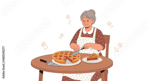 Sweet Grandmother Slicing Homemade Pie on a Wooden Table for a Peaceful Afternoon
