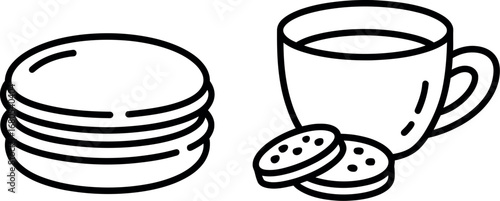 Simple line drawing of macaron cookies and hot beverage in a cup for a sweet treat break silhouette