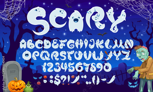 Halloween ghosts font, spooky monster typeface, cartoon scary evil type, holiday english alphabet at cemetery vector background. Halloween abc letters and numbers font of ghosts, pumpkins and zombie
