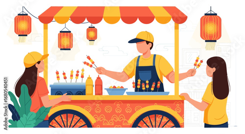Vibrant Street Food Vendor Serving Delicious Skewered Delights To Awaiting Customers