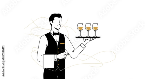 Waiter Presenting Wine Glasses on a Tray in Minimalistic Black and White Style