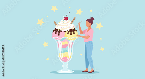 Woman Admiring and Preparing Oversized Ice Cream Sundae with Starry Background