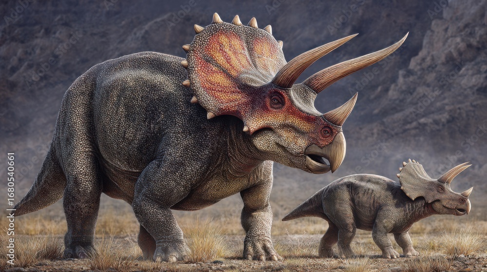 Fototapeta premium Majestic Dinosaur Holding a Baby Dinosaur in Its Mouth Capturing a Moment of Tenderness and Survival in a Prehistoric Landscape of Wonder