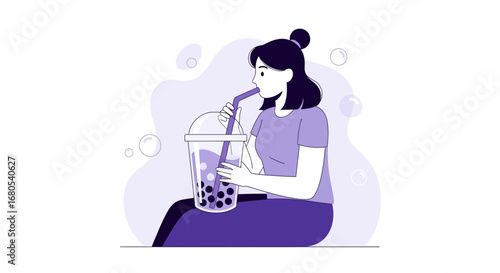 Woman Drinking Bubble Tea Illustration Depicting Enjoyment In Minimalistic Style