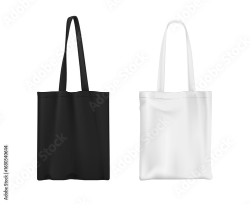 Tote bag realistic mockup. 3d vector templates of two plain tote bags, one black and one white, for branding, print design presentation, eco friendly product promotions and reusable bag advertisements
