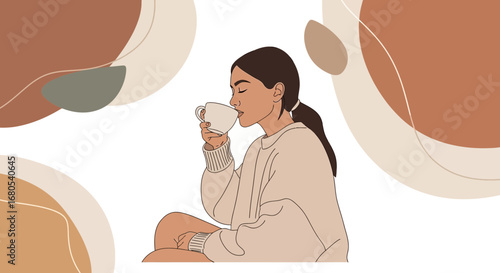 Woman Drinking Coffee In A Modern Abstract Art Illustration, Neutral Tones
