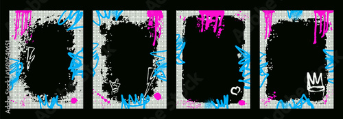 Grunge white halftone frame template with crown, heart, lightning. Graffiti spray art layout backgrounds set. Borders with airbrush paint splashes decor for photo. Vector hip hop wall cadre.