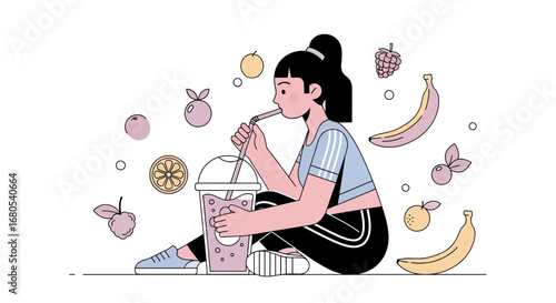 Woman Drinking Fresh Juice From A Fruit Smoothie, Healthy Lifestyle Concept Illustration