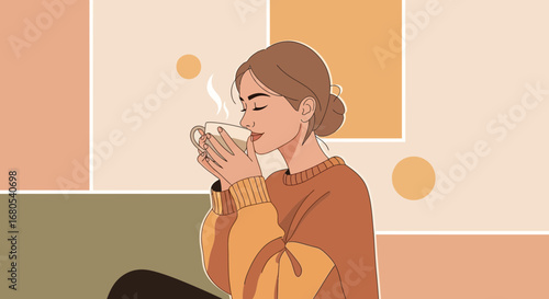 Woman Enjoying Beverage in Cozy Setting Abstract Illustration with Pastel Tones