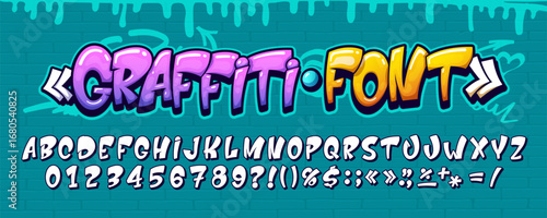 Street art graffiti font, urban typeface letters on wall. Cartoon vector retro comic bold type, fun alphabet typography, colorful abc numbers and signs, uppercase characters with dripping paint effect