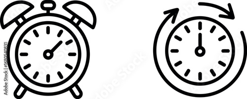 Simple line art icons of alarm clock and rotating clock hands representing time and schedule management silhouette