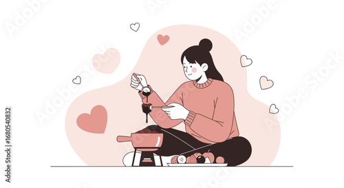 Woman Enjoying Chocolate Fondue with Fruit, A Delightful Culinary Experience, Charming Heart Motifs