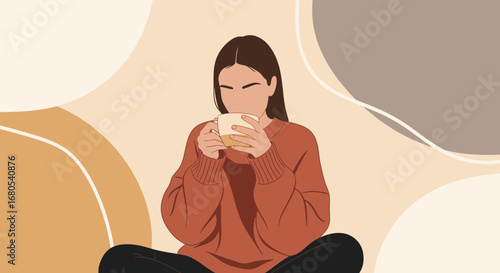 Woman Enjoying Hot Drink in Cozy Atmosphere and Geometric Background