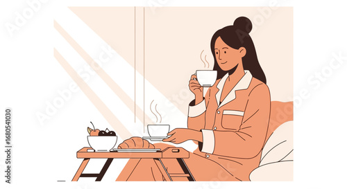 Woman Enjoying Relaxing Breakfast In Bed, Morning Coffee, Fresh Start In Bed