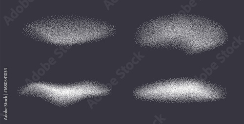 Sugar or salt powder gradient wavy dynamic shapes set.White flour textured splashes elements. Cosmetic clay dotwork. Organic scrub with dry crystal forms. Vector gritty curves. Grunge spa figures.