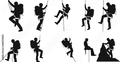 Silhouette of climbers rappelling, hiking, using rope, mountain adventure, rock climbing, extreme sport, outdoor activity, vector illustration, climbing gear, expedition