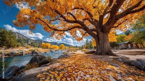 Majestic Golden Tree in Autumn with Fallen Leaves, Blue Sky and Clouds, Impressionist Style Nature Scene for Seasonal Design
