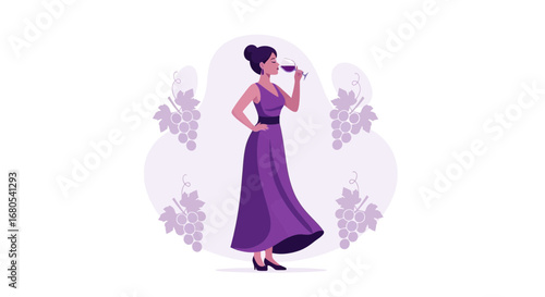 Woman in a Gown Enjoys a Glass of Wine Surrounded by Grapevine Illustrations