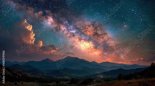 Starry Night Sky with Milky Way and Mountain Silhouette, White Cloud and Bright Contrast Mystery Scene