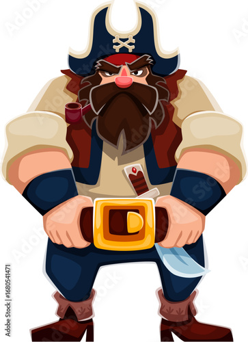 Cartoon pirate and corsair captain character. Isolated vector serious sea rover personage with bushy beard, stands confidently in vintage clothes with blue pants, brown vest gold buckle and cocked hat