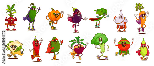 Groovy superhero vegetable characters. Cartoon radish, cucumber, pumpkin and eggplant, spinach or garlic. Carrot, cauliflower, chili pepper or avocado, beetroot, broccoli, tomato or zucchini defenders