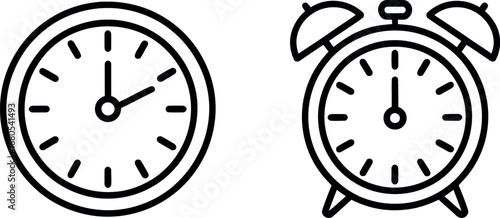 Two simple outline icons of classic clocks and alarm clocks representing time and schedules silhouette