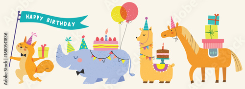 Happy birthday collection with cartoon character animals. Birthday party vector illustration for greeting card, invitation, event, poster, sticker, prints.


