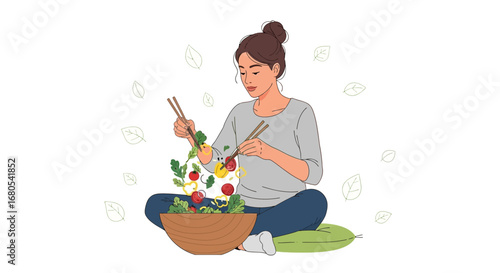 Woman Preparing A Fresh Salad With Chopsticks, Sitting Down, Isolated On White Background