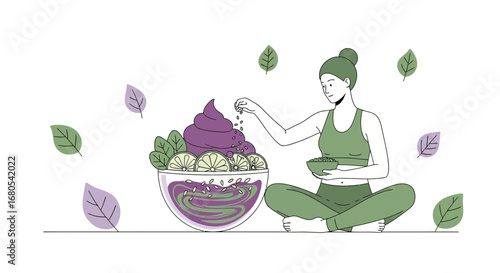 Woman Preparing Healthy Bowl With Fruits And Seeds, Enjoying Nutritious Meal