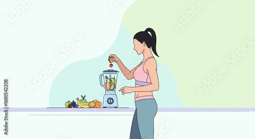 Woman Preparing Healthy Smoothie with Fresh Fruits for a Balanced Diet and Well-Being