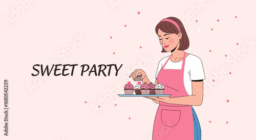 Woman Presenting Cupcakes on a Tray For a Sweet Party in a Pastel Tone