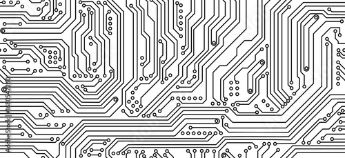 Circuit board pattern featuring black and white intricate lines and connection points, resembling electronic pathways and high tech components in a schematic layout. Vector technological background