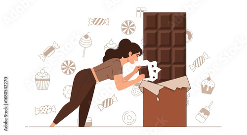 Woman Preparing To Break A Huge Chocolate Bar And Enjoy Sweets Illustration