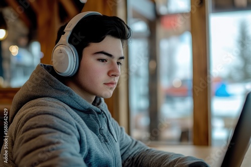 Focused young man wearing headphones works on laptop in cozy cafe with blurred winter background