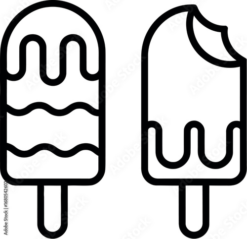 Two outline ice cream popsicle treats with drizzled toppings and one bite taken for summer refreshment silhouette